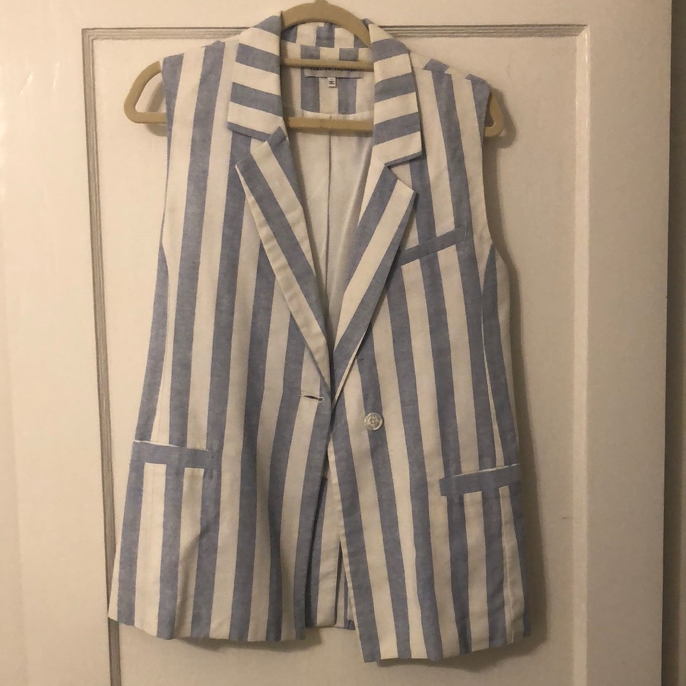 English Factory Blue and White Striped Linen Sleeveless Blazer